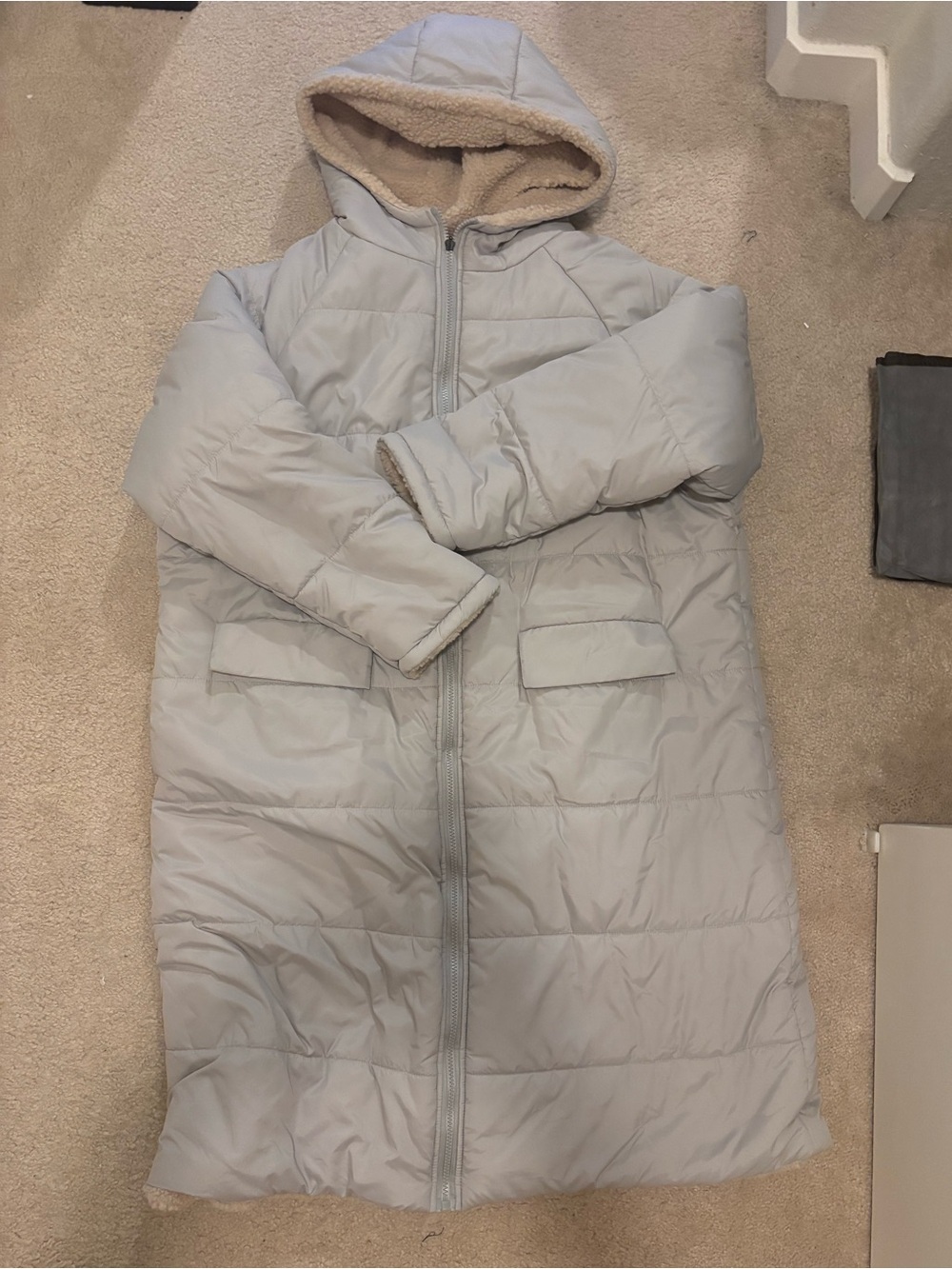 Women's Light Gray Long Hooded Puffer Coat with Sherpa Lining
